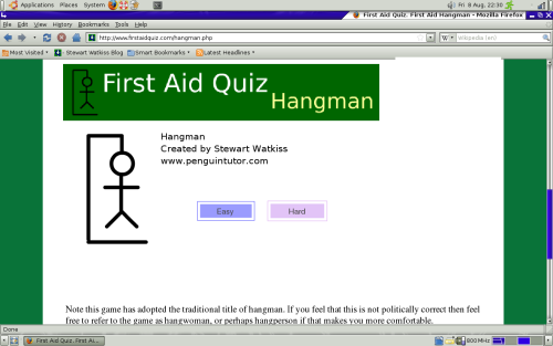 Screenshot - First Aid Hangman, on first aid quiz.com - running in firefox on Ubuntu Linux