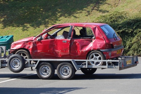Crashed car on trailer at Scarborough emergency services day